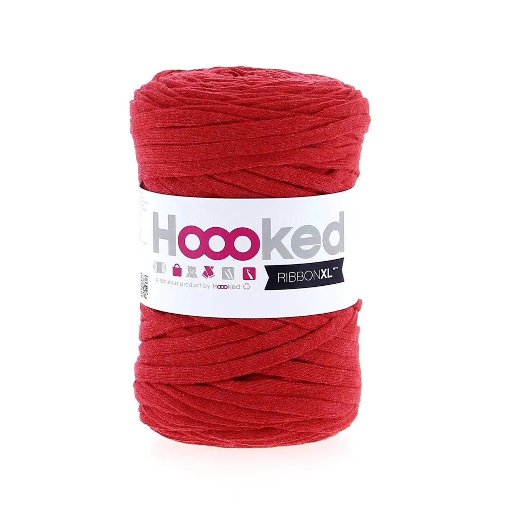Red yarn ball with 'Hooked' label on a white background