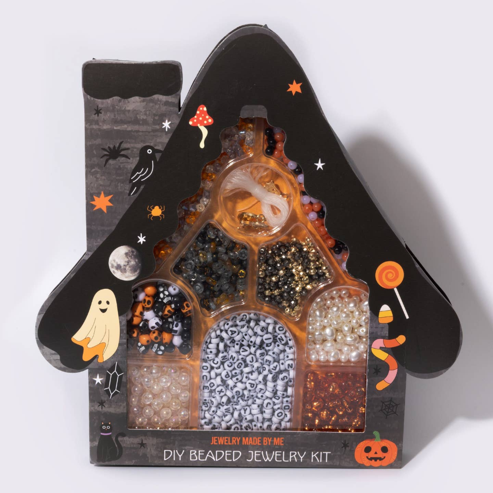 Haunted house shaped bead kit with orange, black, and metallic beads. Letter beads and beading string are included.