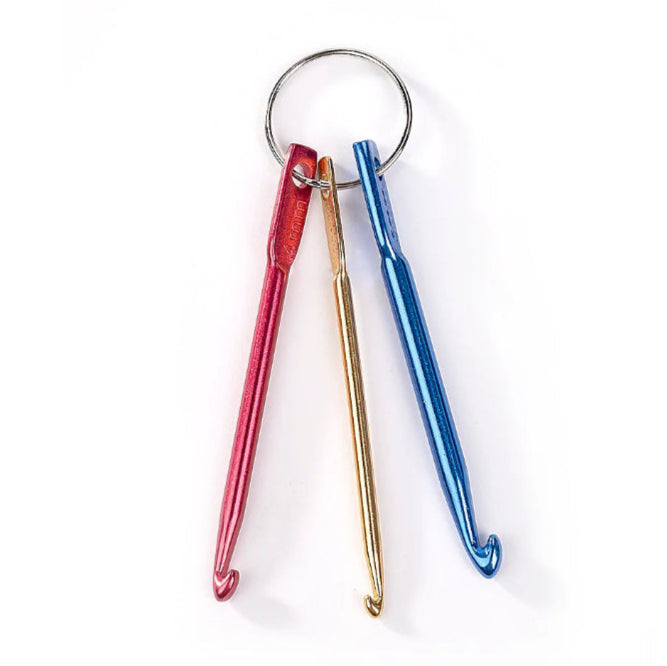 Three short crochet hooks on a key ring