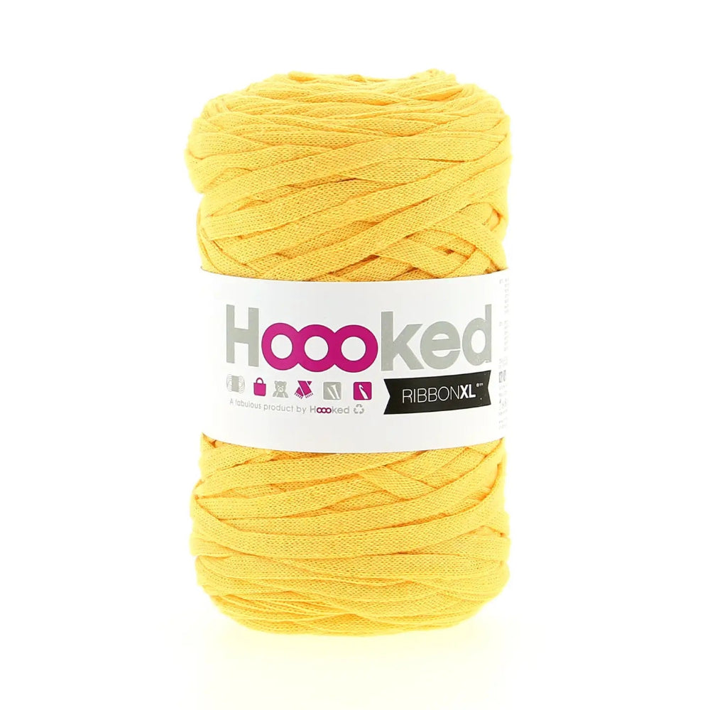 Yellow yarn ball with 'Hoooked' label on a white background