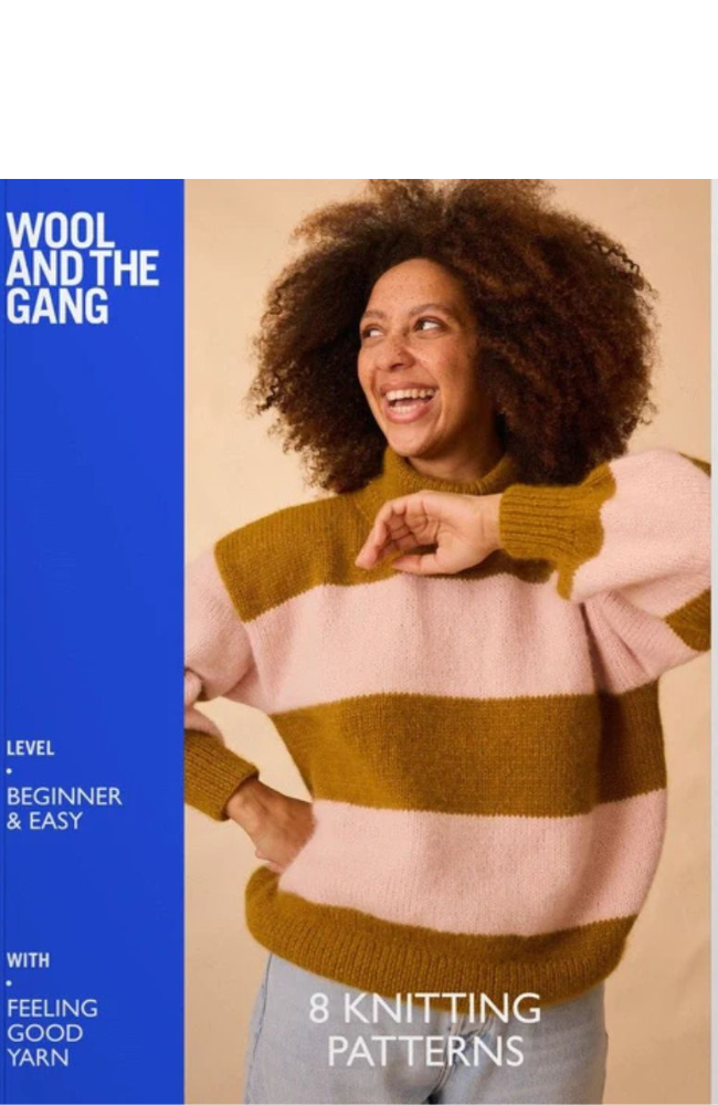 Book cover of 'Wool and the Gang' with a woman wearing a striped sweater on a beige background