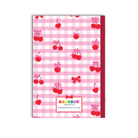 Notebook with pink gingham pattern, red cherries, and bows on a white background