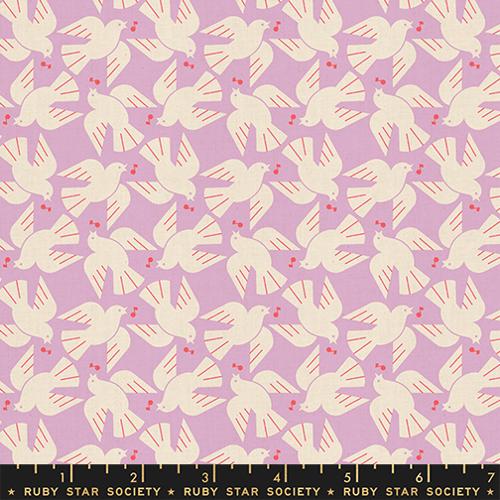 Pattern of white doves with red berries on a purple background, featuring Ruby Star Society label.