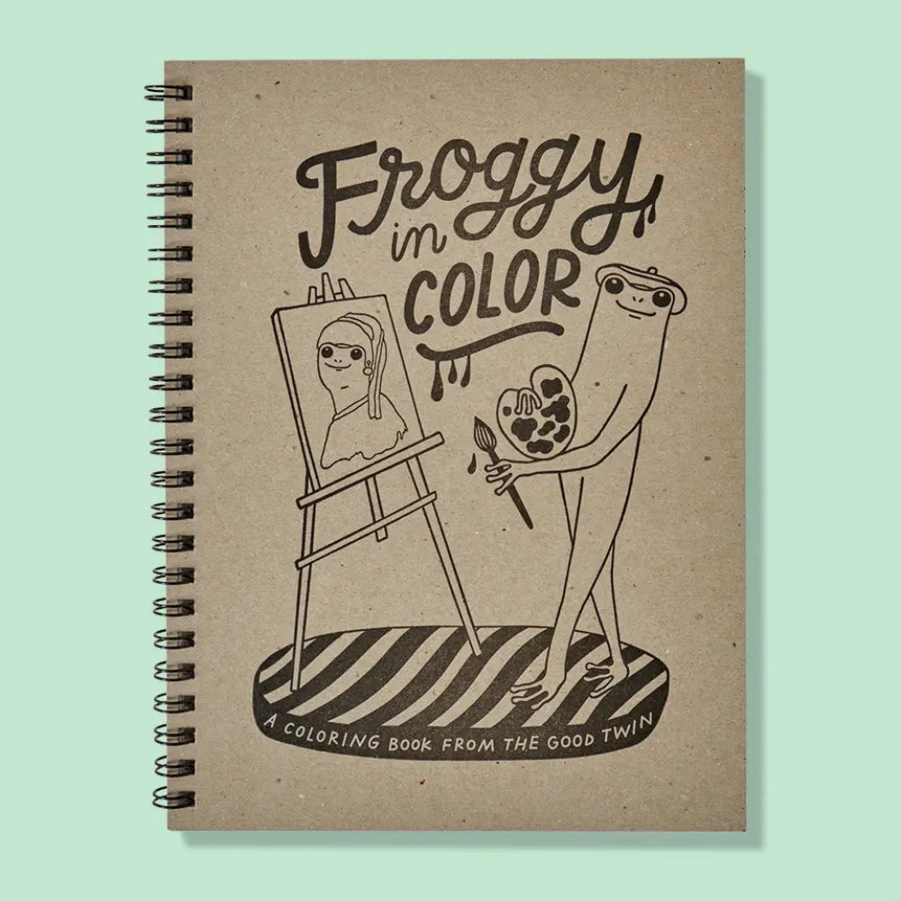 Notebook with 'Froggy in Color' illustration on a light green background