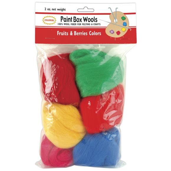 Packaged paint box wool set with fruits and berries colors on a white background