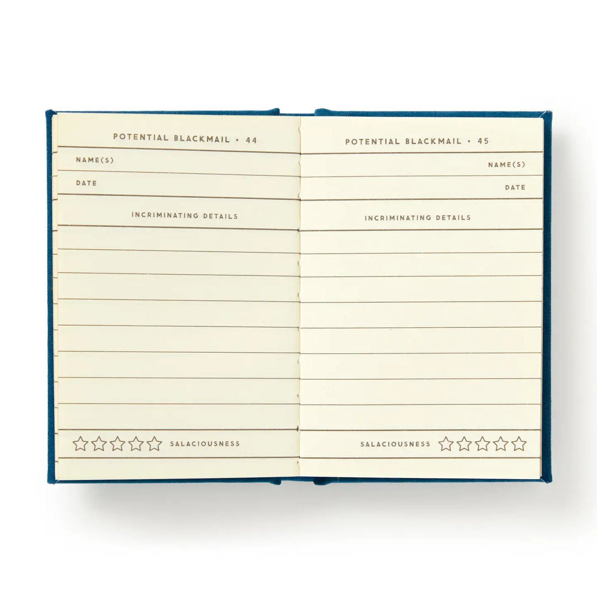 Open notebook with lined pages titled 'Potential Blackmail' on a white background