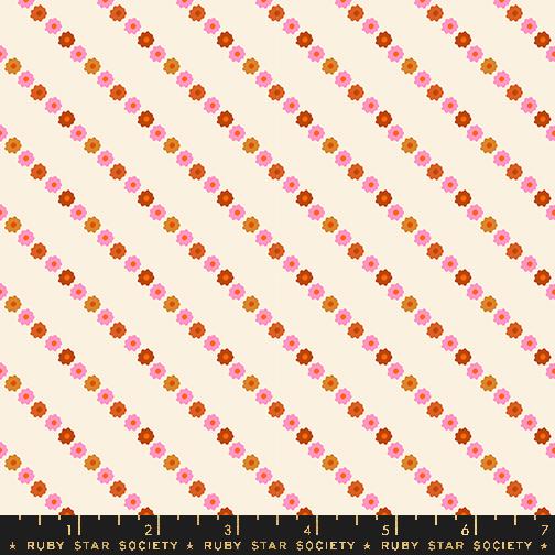 Off white fabric with pink, orange and red flower garland