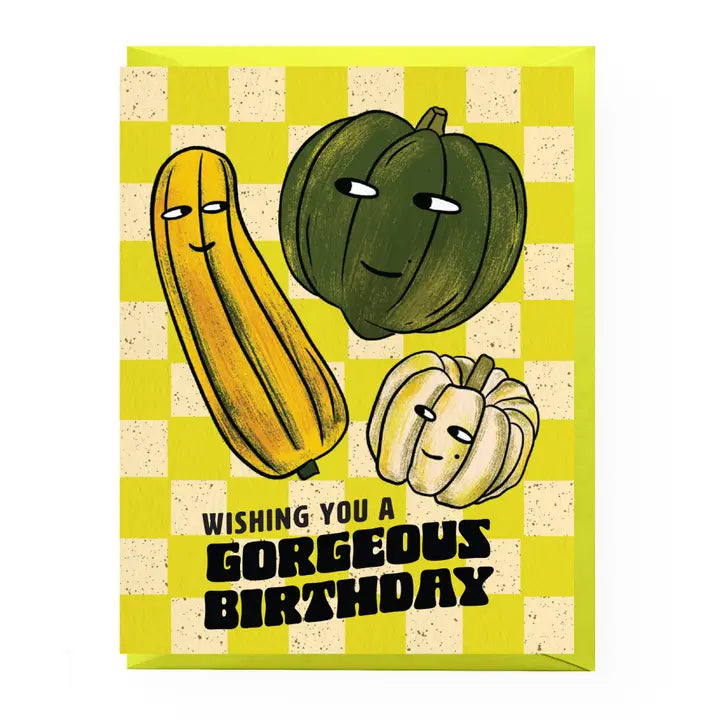Birthday card with cartoon squash characters on a green and beige checkered background