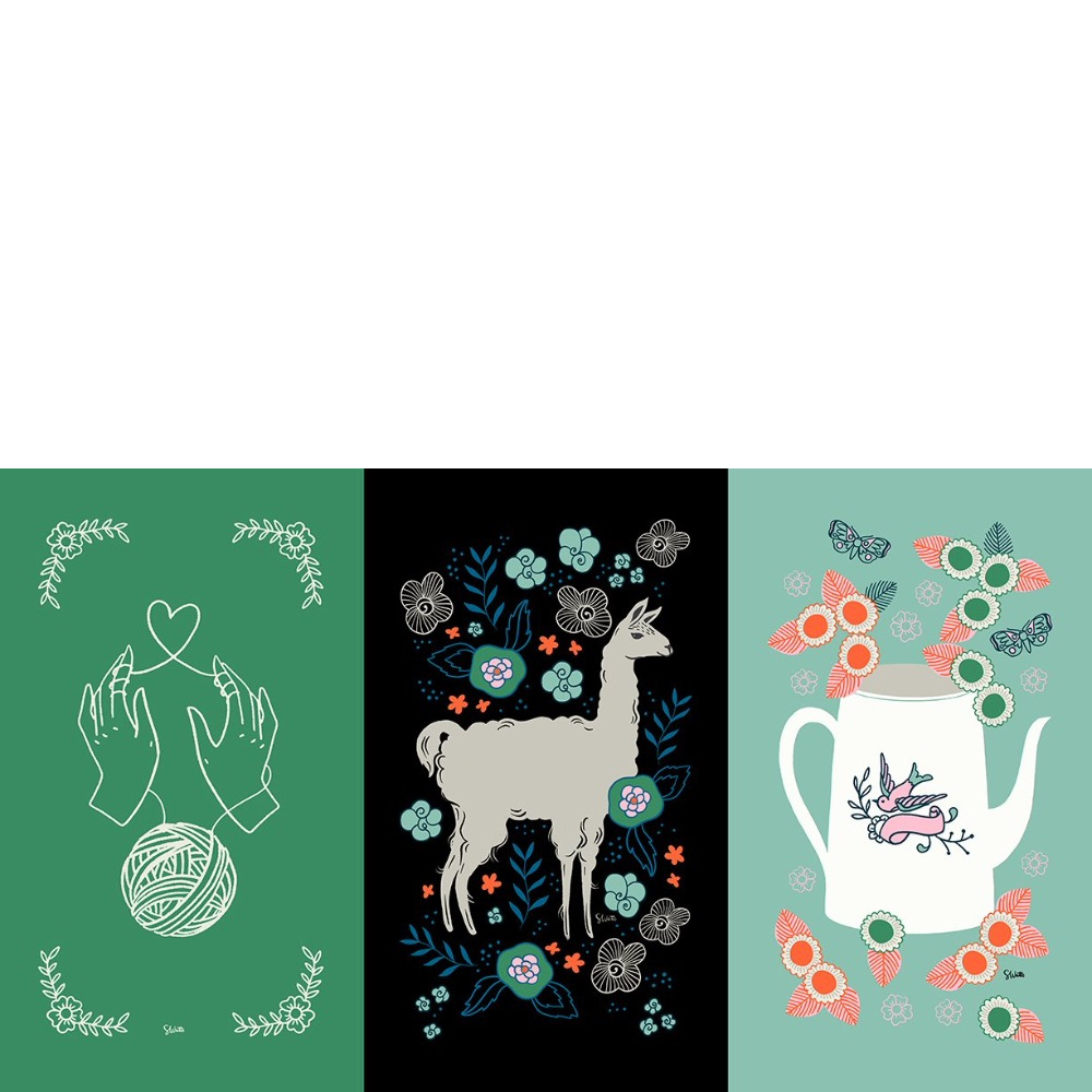 Three vertical art panels with illustrated designs: a green panel with hands, yarn, and floral wreaths; a black panel with a gray llama surrounded by flowers and leaves; a mint panel with a white teapot, flowers, and butterflies.