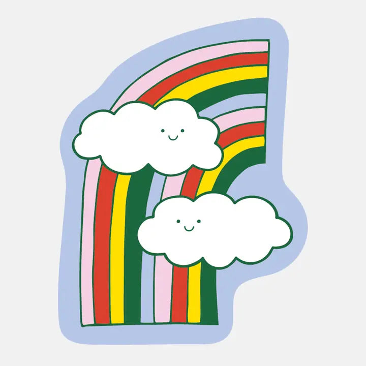 Sticker with a rainbow and clouds on a light blue background