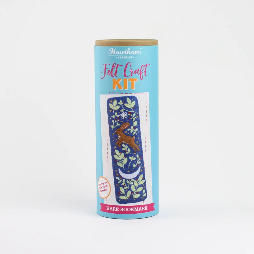Felt craft kit for making a hare bookmark on a white background