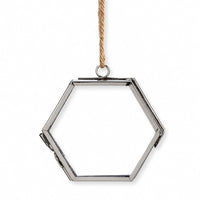 A hexagonal silver metal frame hanging ornament with a natural rope hanger, shown against a plain white background.