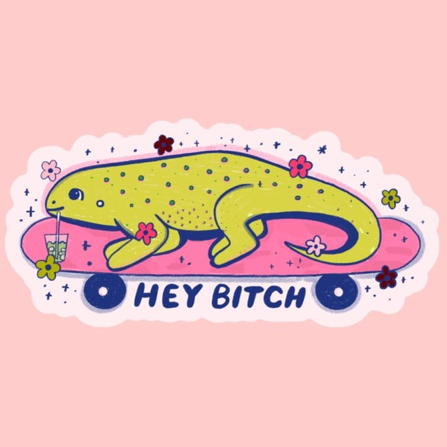 Green lizard drinking water on a skateboard and surrounded by flowers with the words "Hey bitch" underneath.