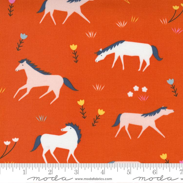 Pink and white horses on a red background