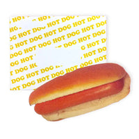 Hot dog with a bun on a white background with yellow  'HOT DOG' text.