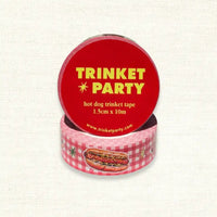 Trinket Party hot dog trinket tape with red label on a white background