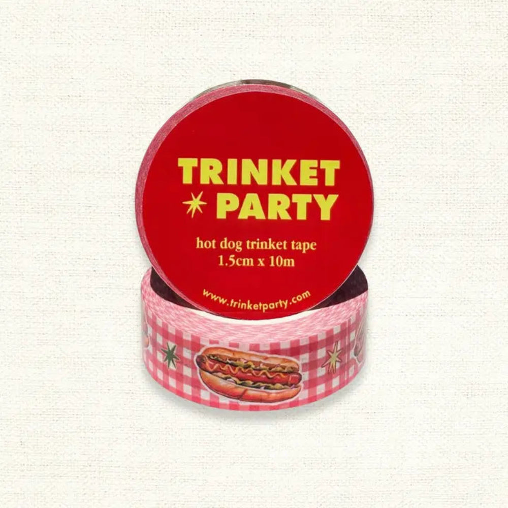 Trinket Party hot dog trinket tape with red label on a white background