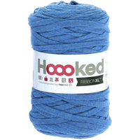 Blue ball of yarn with 'Hoooked' label on a white background