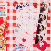 A junk journal spread with various colorful stickers and pictures on a red checked background