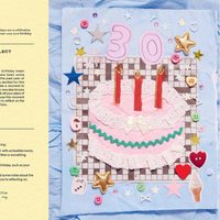 A junk journal spread with various colorful stickers and a collage cake on a blue background
