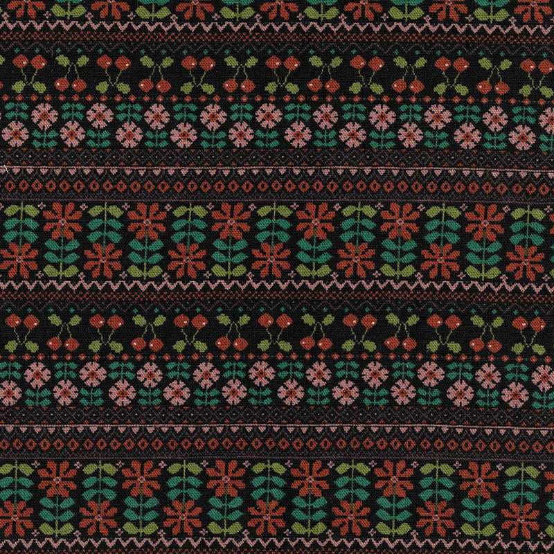 Patterned fabric with floral and geometric design on a black background
