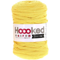 Yellow yarn ball with 'Hooooked' label on a white background