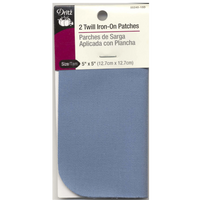 Blue twill iron-on patch in packaging with Dritz branding.