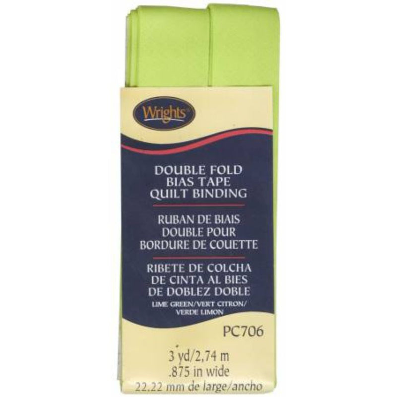 Packaged Wrights double fold bias tape quilt binding in lime green on a white background