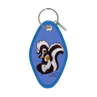 Blue embroidered motel-style keychain featuring a skunk design
