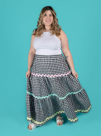 Sinead (gingham maxi skirt) is wearing a size 10 (UK 24).