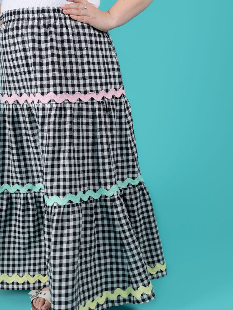 Sinead (gingham maxi skirt) is wearing a size 10 (UK 24).