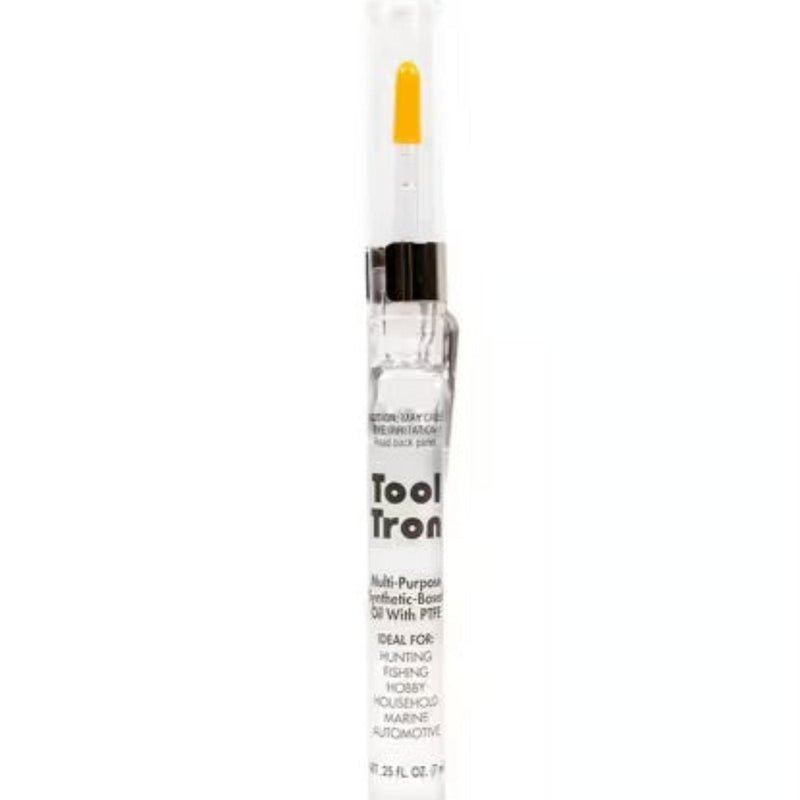 Clear plastic bottle of machine oil with black cap and yellow tip on a white background