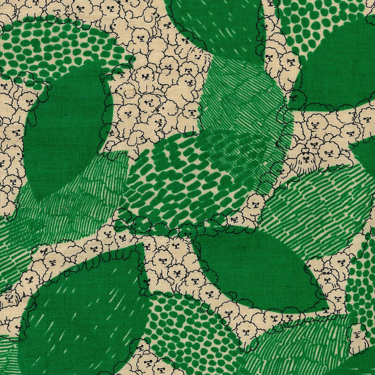 Close-up of a beige fabric with a green leaf design overlayed with outlines of small dogs in black
