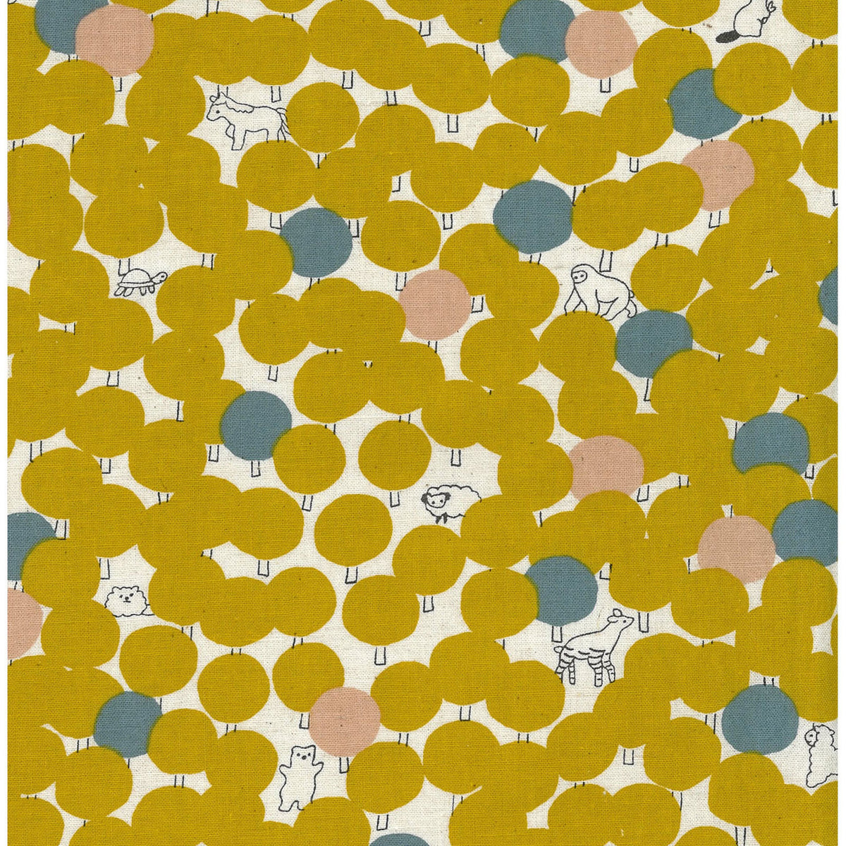 Patterned fabric with yellow circles and small animal illustrations on a beige background