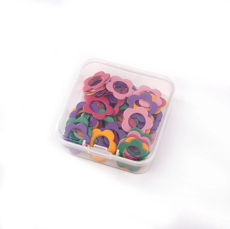 flower shaped colorful metal ring stitch markers in plastic case