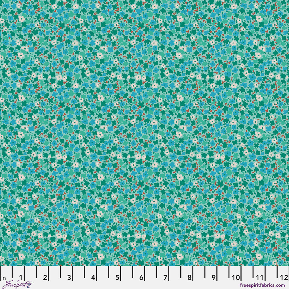 Floral pattern fabric swatch on a teal background