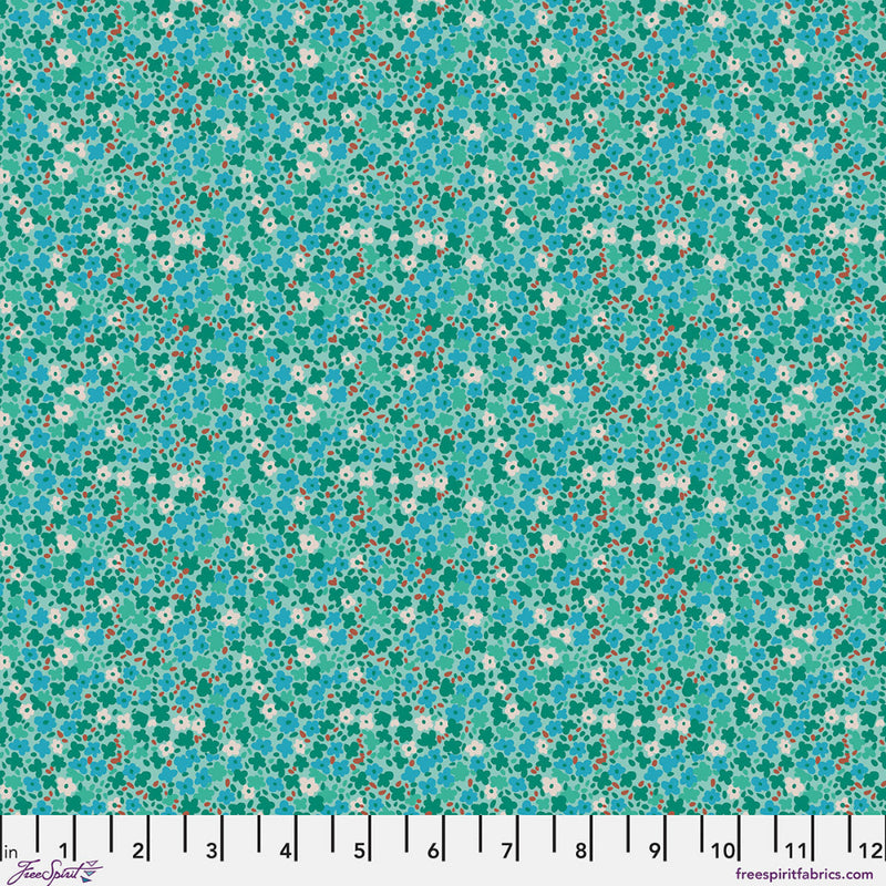 Floral pattern fabric swatch on a teal background