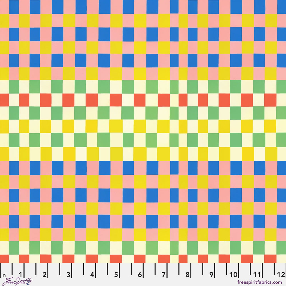 Green, pink, blue and yellow checkered fabric