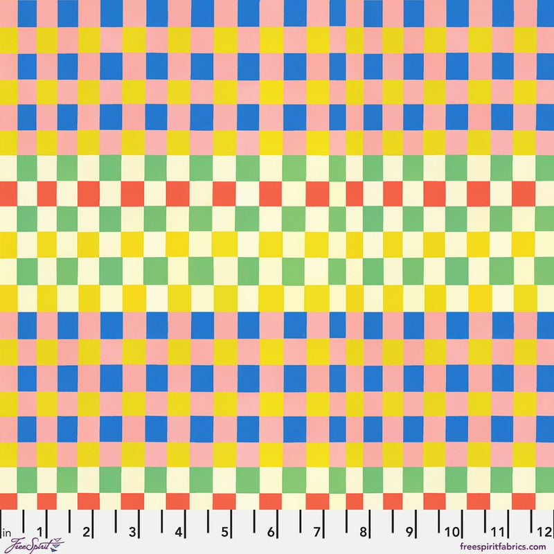 Green, pink, blue and yellow checkered fabric