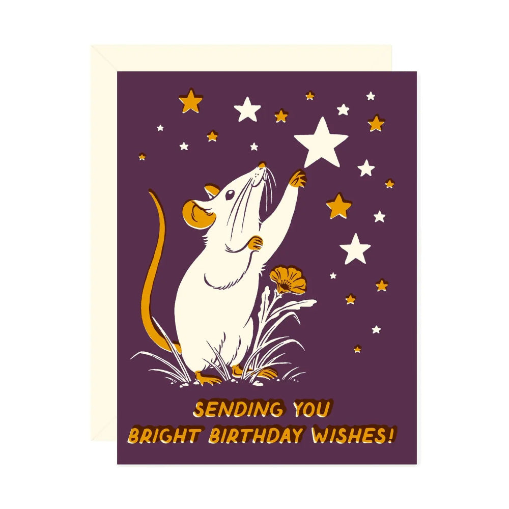 Greeting card with a mouse reaching for stars and text 'Sending you bright birthday wishes!' on a purple background.