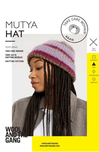 Promotional graphic for the Mutya Hat knitting pattern by Take Care Mohair, featuring a woman wearing a pink and purple striped knit beanie. The graphic includes branding for 'Wool and the Gang' and lists features for US Size 8 knitting needles.