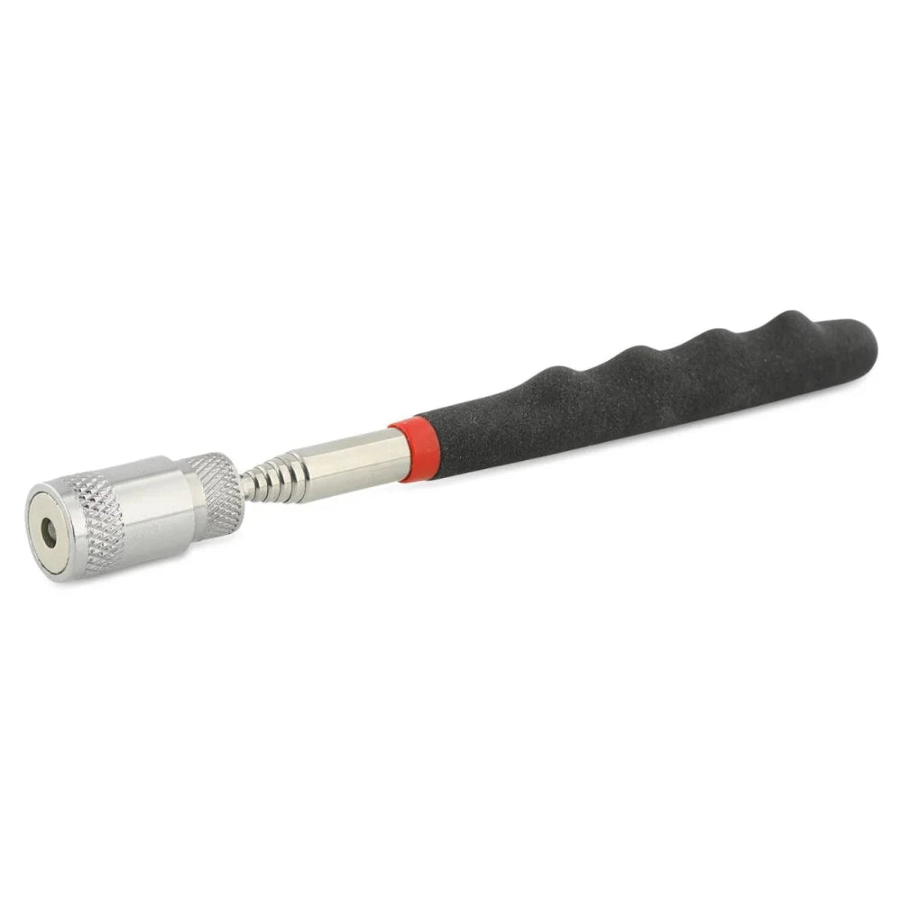 Black and silver  magnetic tool with a red accent on a white background
