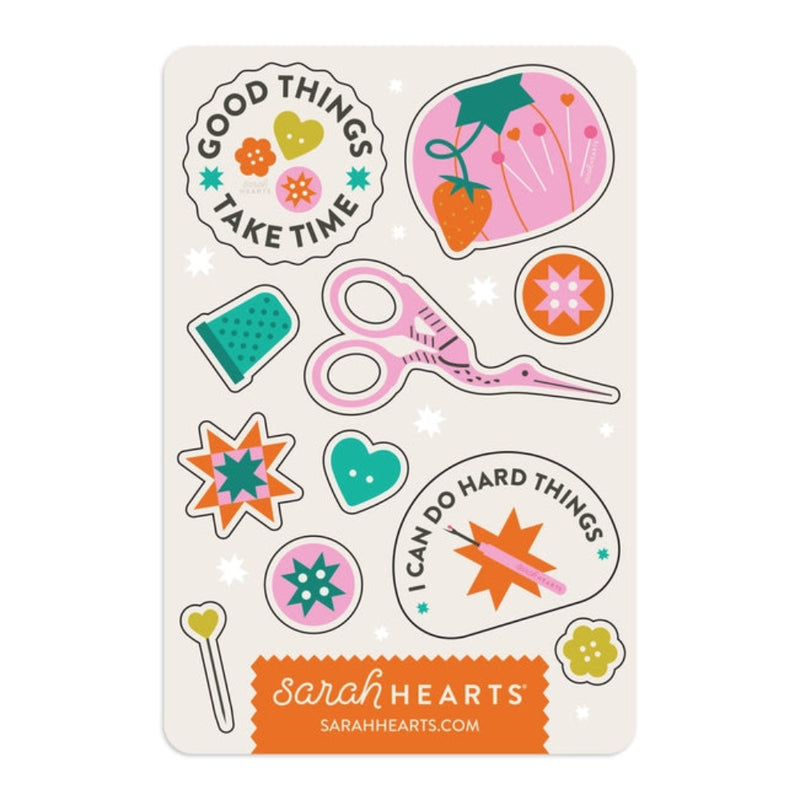 Sticker sheet with sewing-themed designs, including scissors, a pincushion, a thimble, quilting stars, and phrases "Good Things Take Time" and "I Can Do Hard Things."
