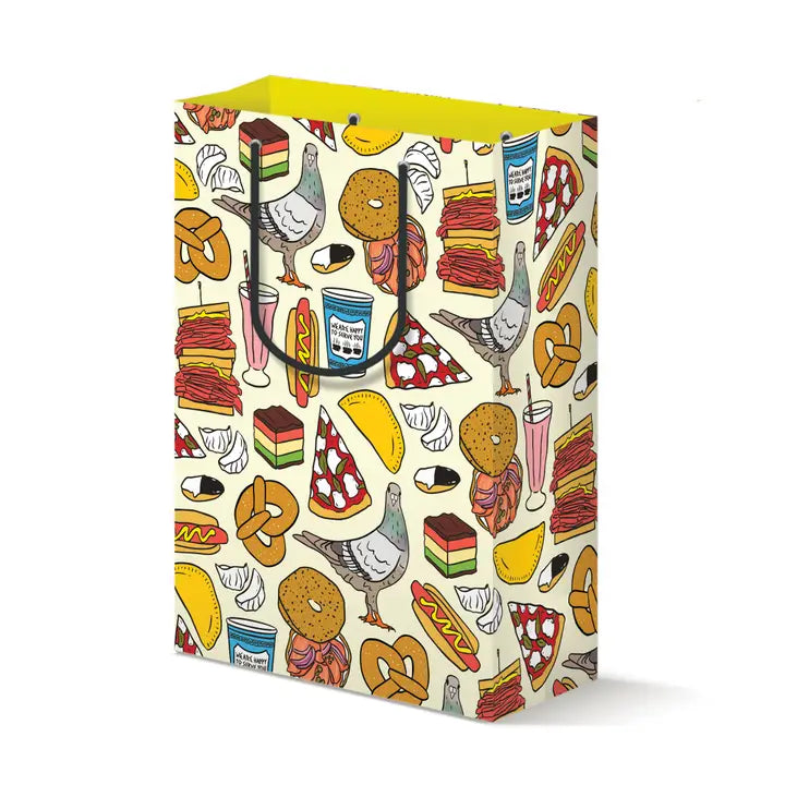 Colorful paper bag with NYC food illustrations on a white background