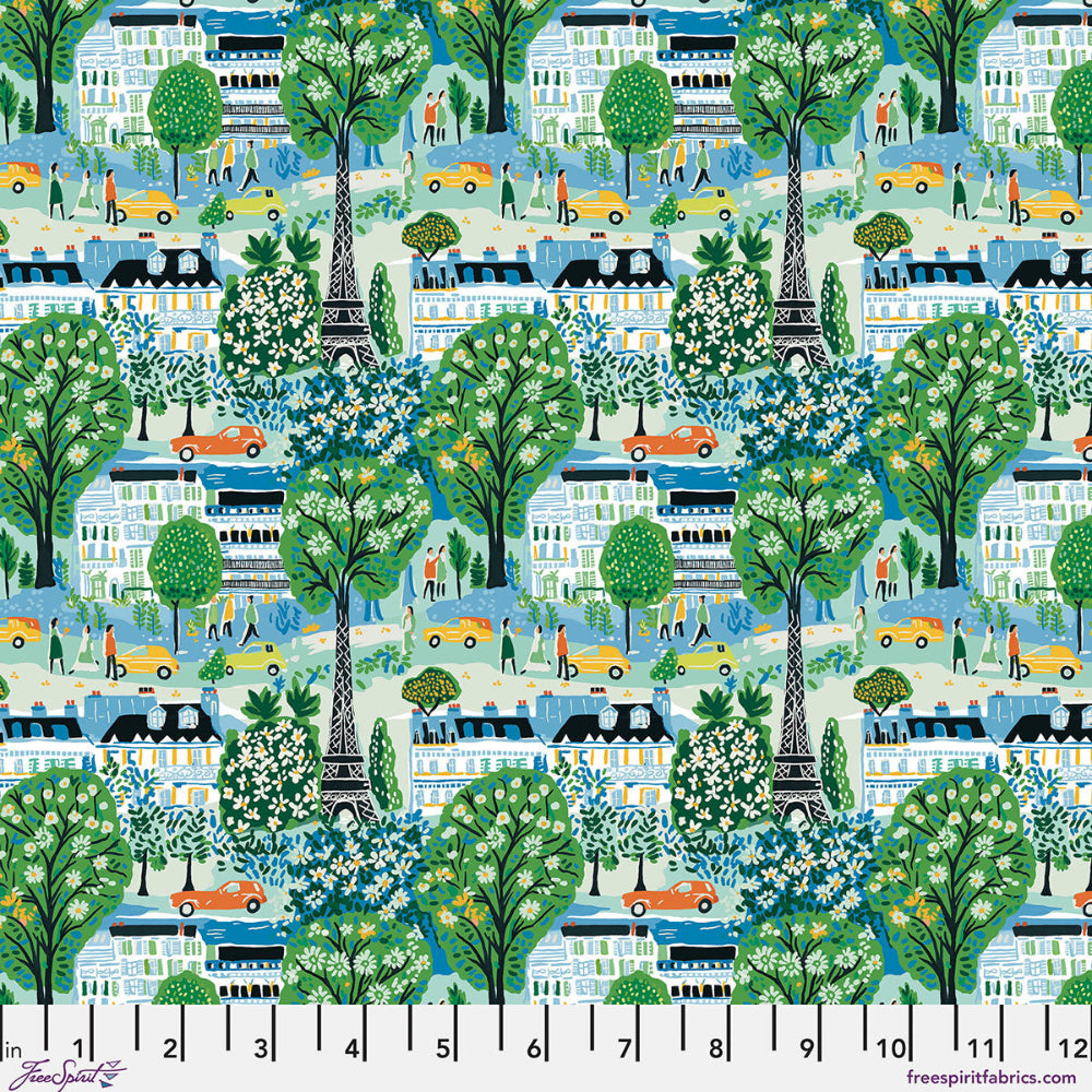 Patterned fabric with Paris cityscape, trees, and people design.