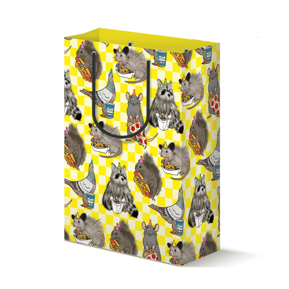 Gray pigeons, raccoons, possums, and squirrels holding various NYC takeout foods are patterned against a yellow background with black rope handle.