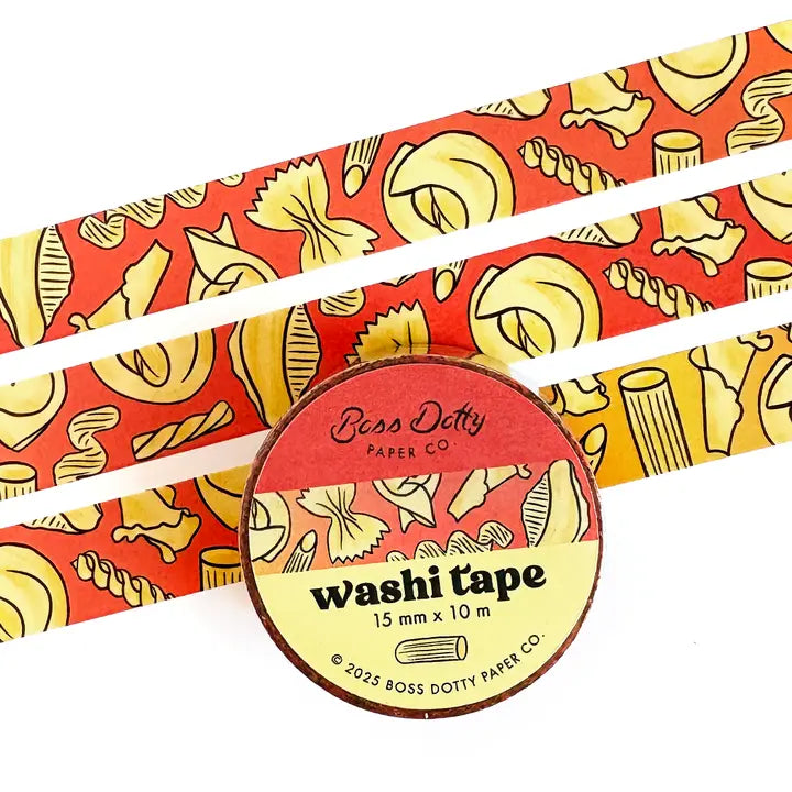 Washi tape with pasta pattern and Boss Dotty Paper Co. branding on a white background