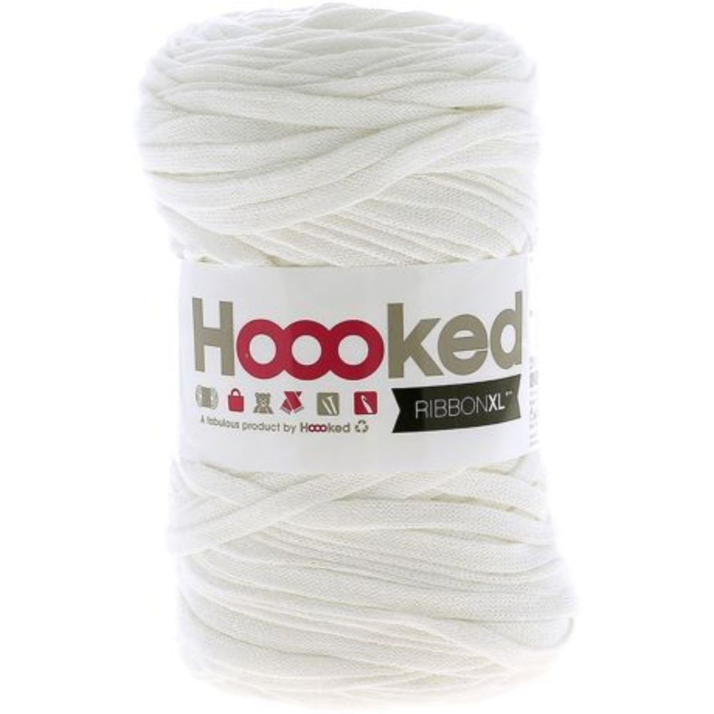 Ball of white yarn with 'Hooooked' label on a white background