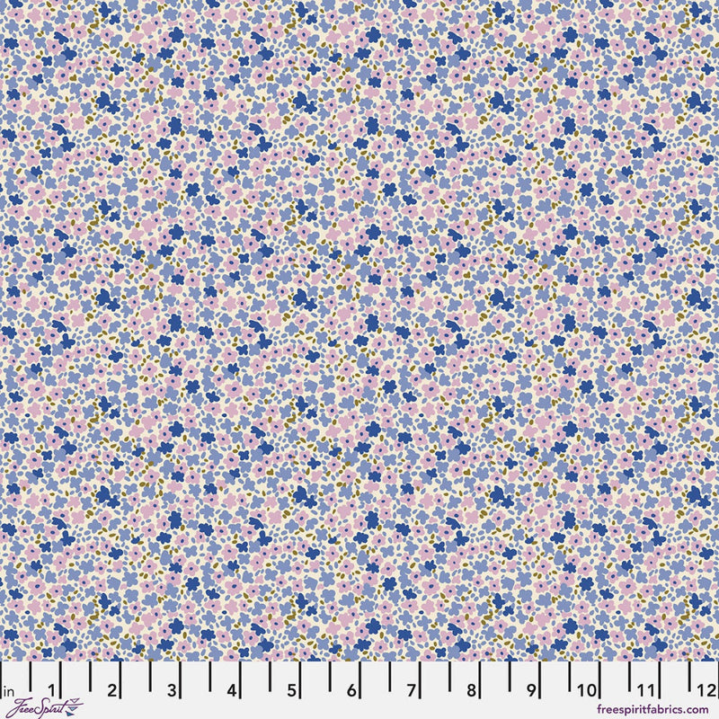 Purple tiny floral print fabric with pink and blue flowers