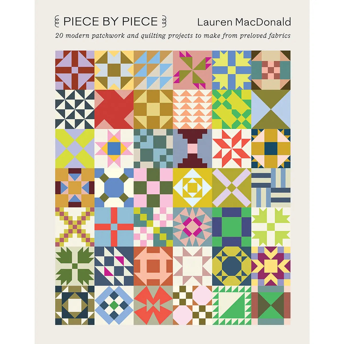 Book cover of 'Piece by Piece' by Lauren MacDonald with a colorful quilt pattern.